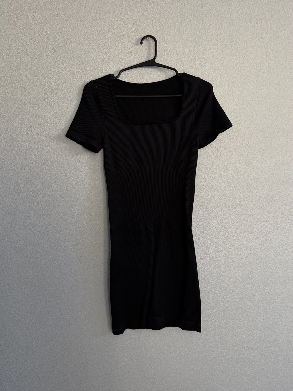 Black Square Neck Ribbed Short Sleeve Bodycon Dress